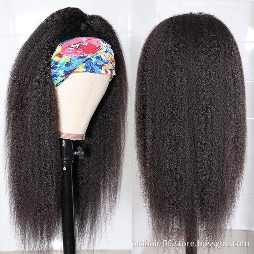 Cheap Wholesale Yaki Long Kinky Straight Headband Wig Raw Braillian Human Hair Curly Black Color For Black Women